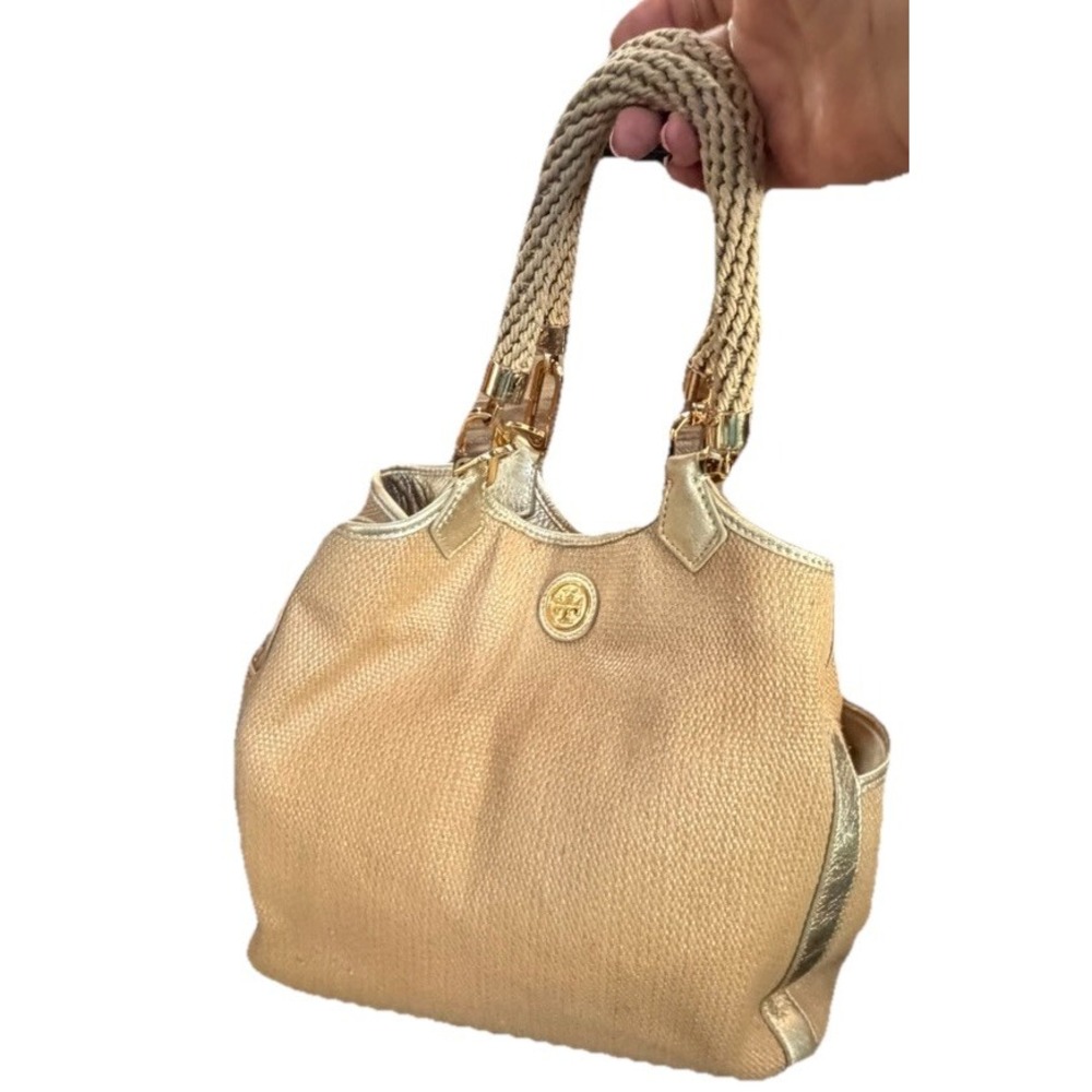Tory Burch Woven Straw Tote Bag Gold Leather Trim Twisted Rope Handles